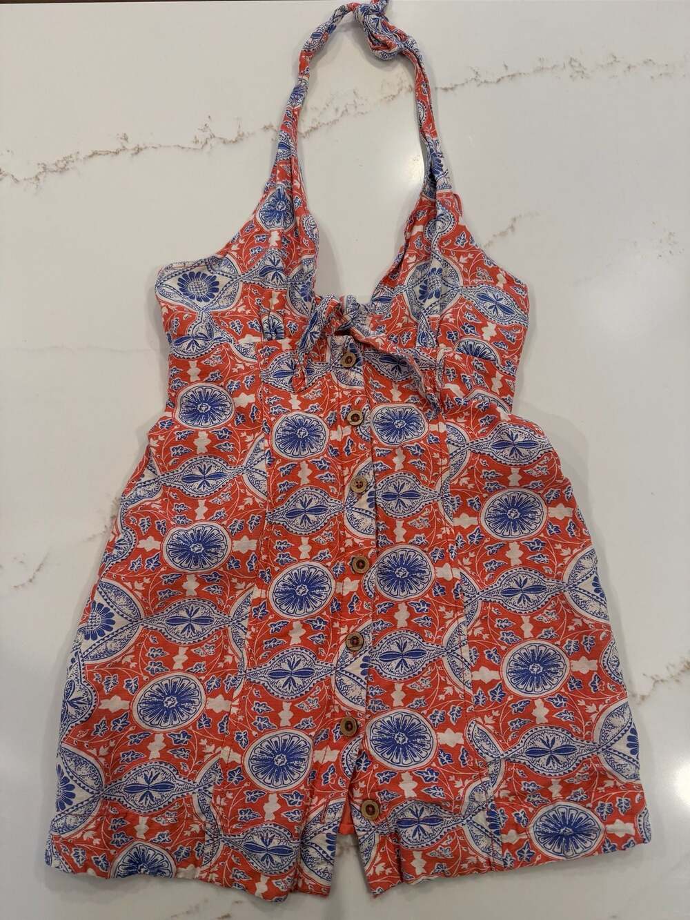 Maeve by Anthropologie Red and Blue Floral Halter Button-Front Mini Dress